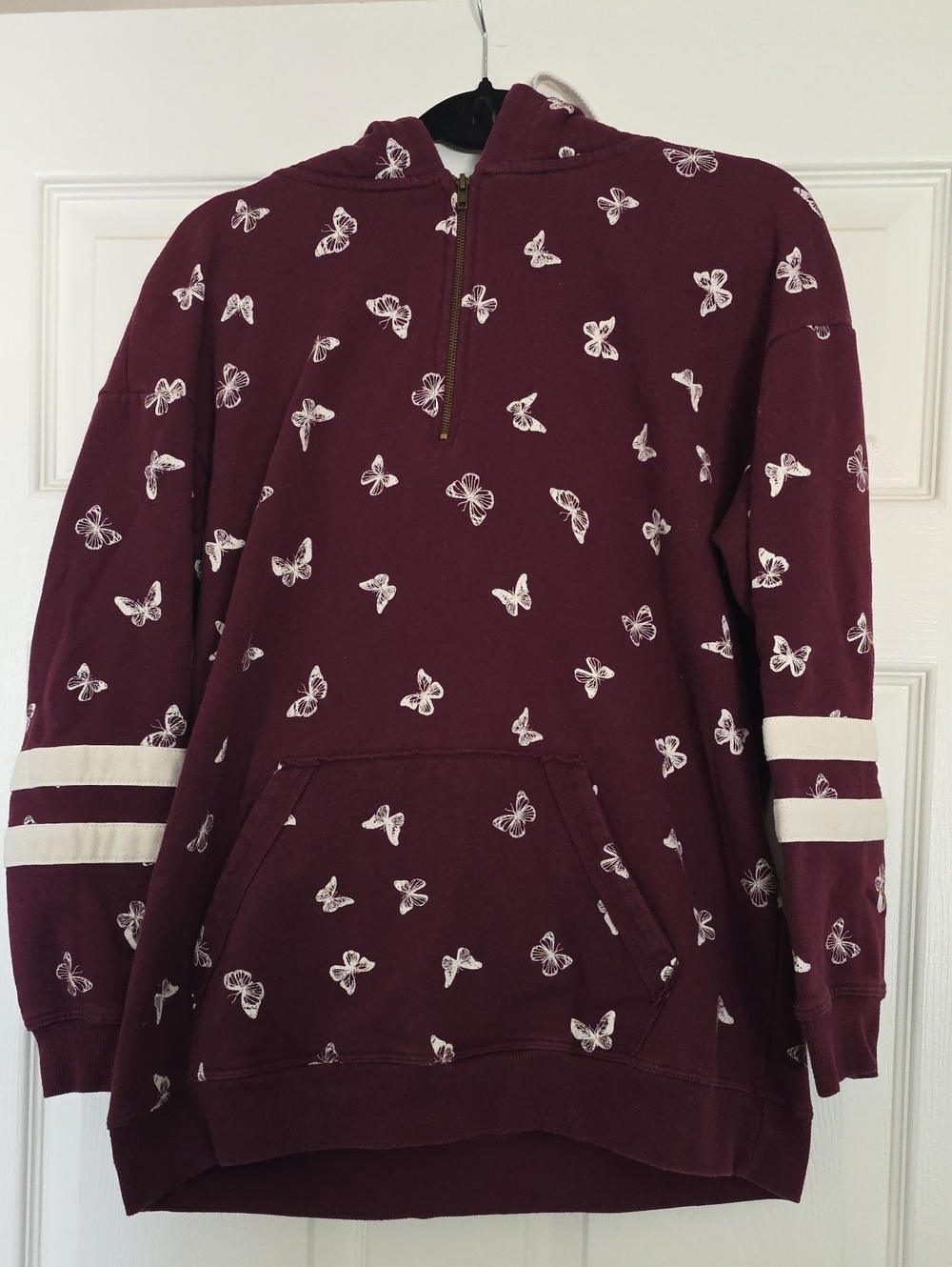 Time and Tru Maroon Butterfly Quarter-Zip Hoodie with White Stripes